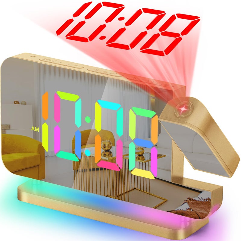 SZELAM Projection Alarm Clock 7.4"" LED Mirror Digital Clocks Large Display with 180 Rotatable Projector RGB Night Light USB C Port Auto Dimmer  Loud Desk Clock for Heavy Sleeper Bedroom - Gold - Image 1